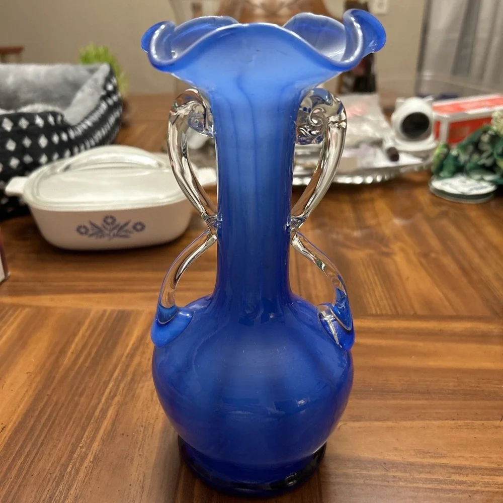 mid century modern Venetian Style‎ Blue Ruffle Vase Glass